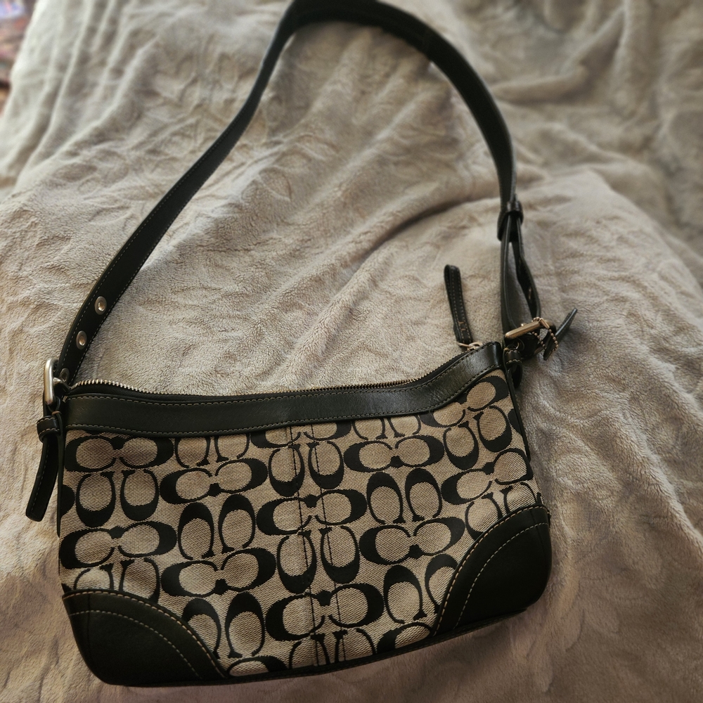 Coach Black and Cream Shoulder Bag with Signature Design